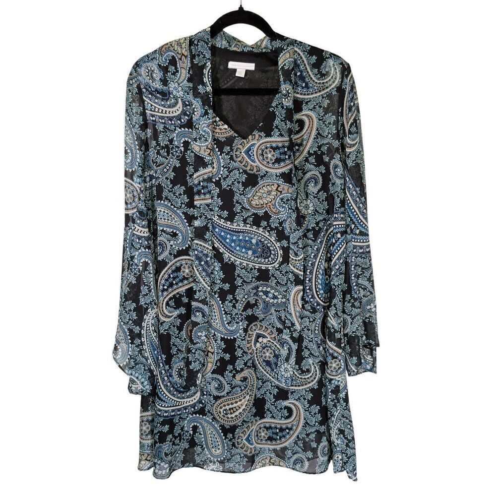 New York & Company Long Sleeve Blue Paisley Mini Dress Women's Medium